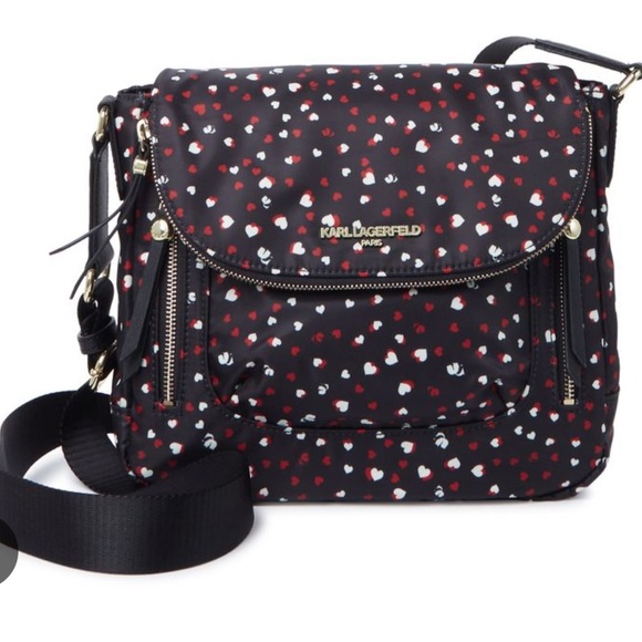 Karl Lagerfeld Handbags - Karl Lagerfeld Paris Cara Black Crossbody Bag with Red and White Hearts